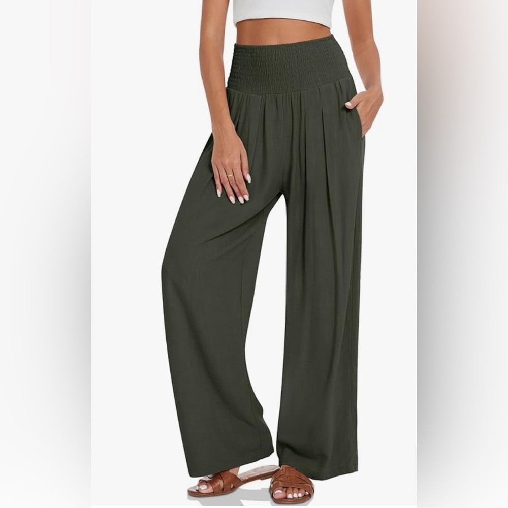 Army Green High Waisted Wide Leg Linen Pants
